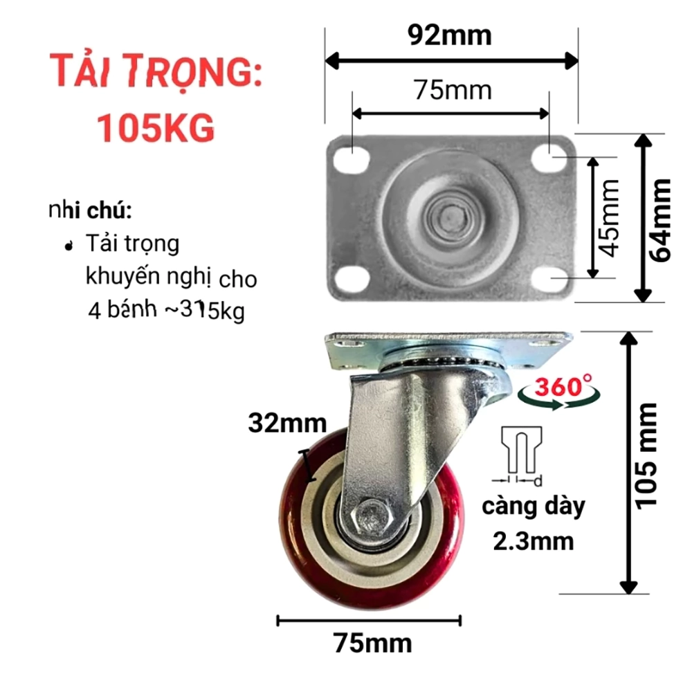 BX7,5X, bánh xe đẩy 75mm, bánh xe xoay, bánh xe 105kg, BX7.5X, 75mm caster, swivel caster, 105kg caster