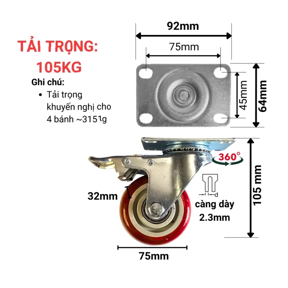 BX7,5X, bánh xe xoay 75mm chịu tải 105kg Kingtech,BX7.5X, 75mm heavy duty swivel caster 105kg Kingtech