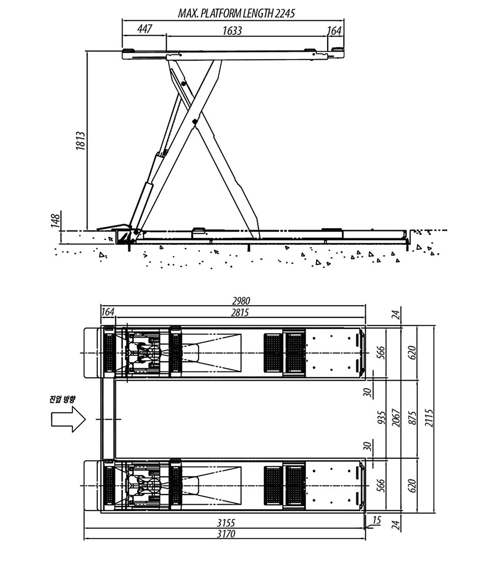 Cầu nâng cắt kéo 3.3 tấn Heshbon HL-32D lắp âm sàn, Korea Hàn Quốc, Inground Wheelfree 3.3 Ton Scissor Lift
