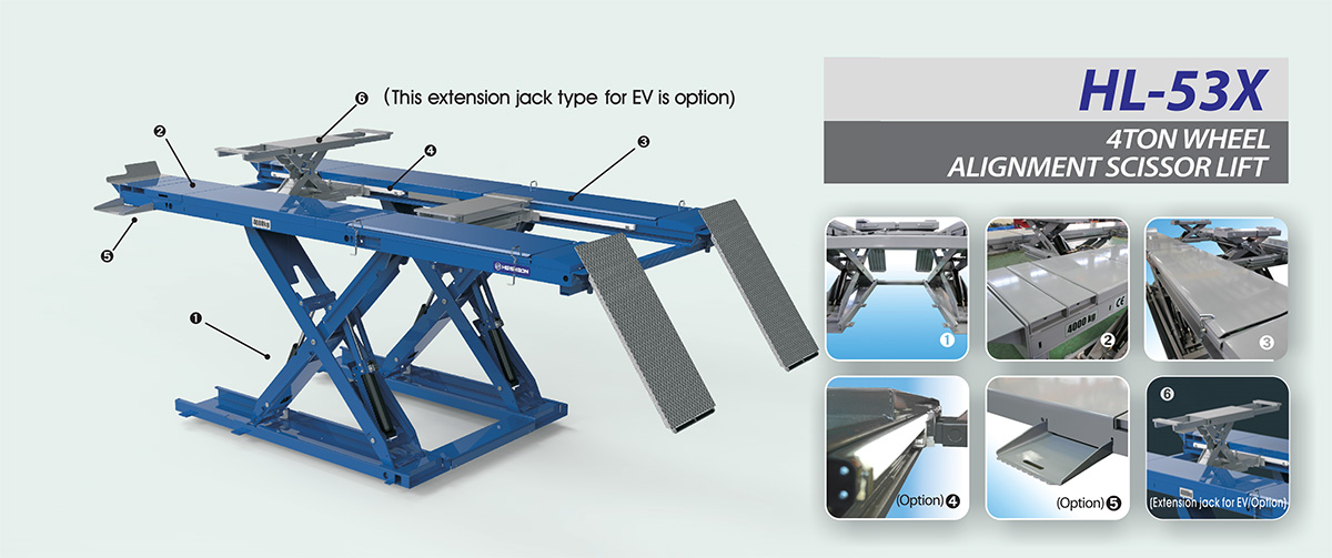 Cầu nâng cắt kéo 4 tấn cân chỉnh góc đặt bánh xe Heshbon HL-53X - Cầu nâng cắt kéo 4 tấn Hàn Quốc