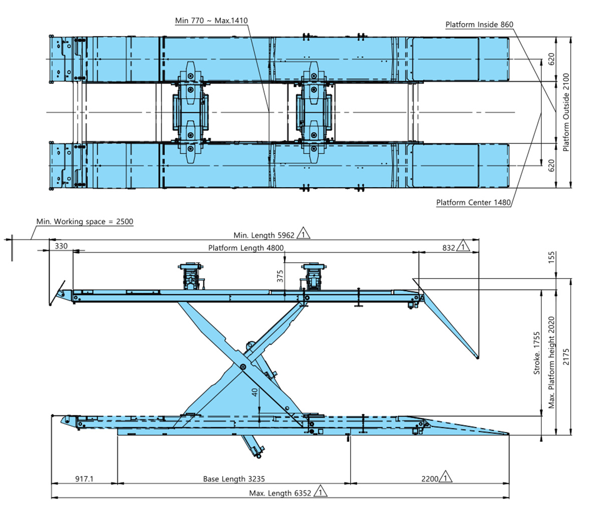 Thiết kế - lay out Cầu nâng cắt kéo 5.5 tấn cân chỉnh góc đặt bánh xe Heshbon HL-55F