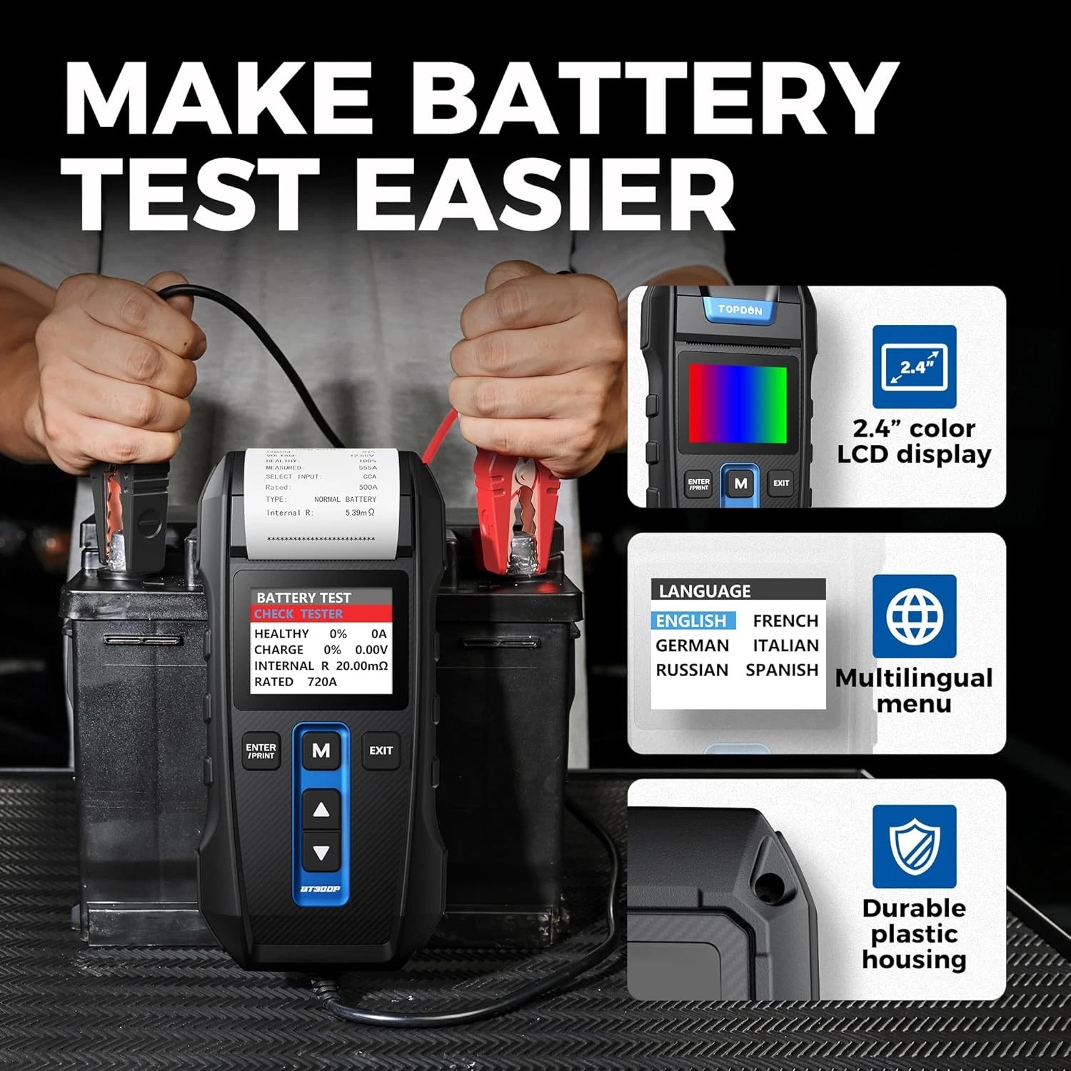 Máy Kiểm tra ắc quy Topdon BT300P, Battery Testing Topdon BT300P, Kiểm tra pin, Kiểm tra tay quay, Kiểm tra sạc, Máy in nhiệt tích hợp, Xem lại dữ liệu, sản phẩm chính hãng, giá rẻ
