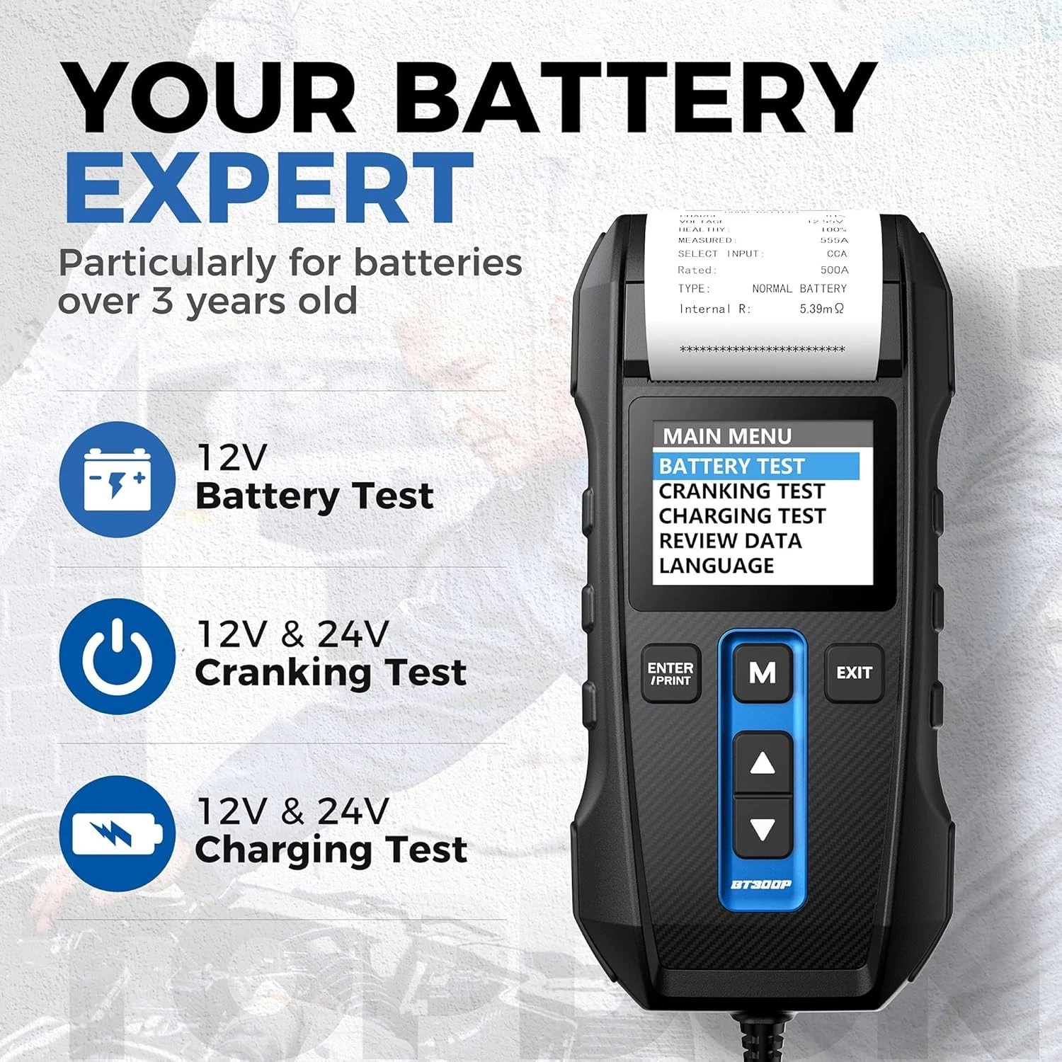 Máy Kiểm tra ắc quy Topdon BT300P, Battery Testing Topdon BT300P, Kiểm tra pin, Kiểm tra tay quay, Kiểm tra sạc, Máy in nhiệt tích hợp, Xem lại dữ liệu, sản phẩm chính hãng, giá rẻ